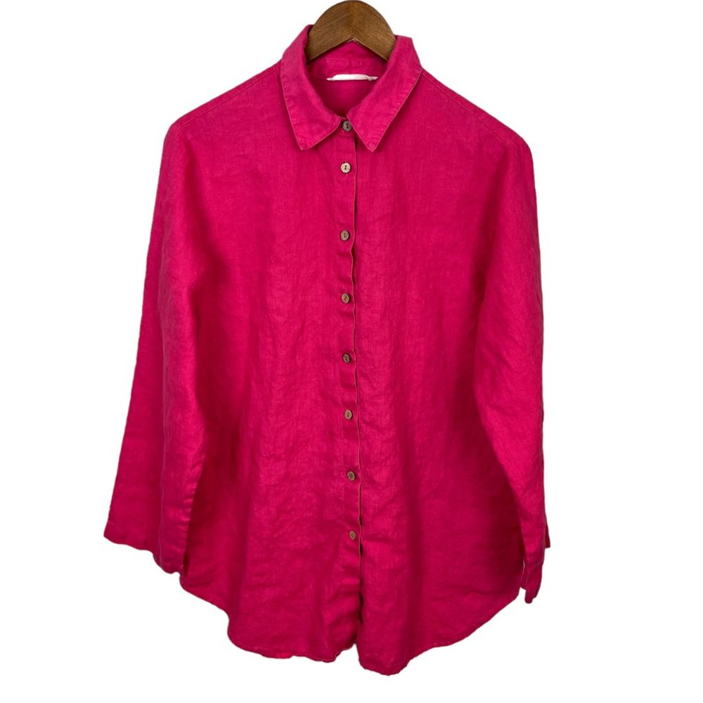 Soft Surroundings Shirt Womens Medium Pink 100%‎ Linen Button Up Long Sleeve